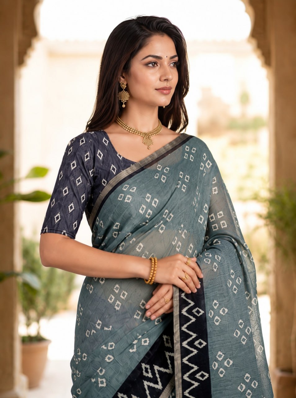 Slate Grey Premium Linen Cotton Saree with Bandhani-Inspired Motifs & Designer Zigzag Border