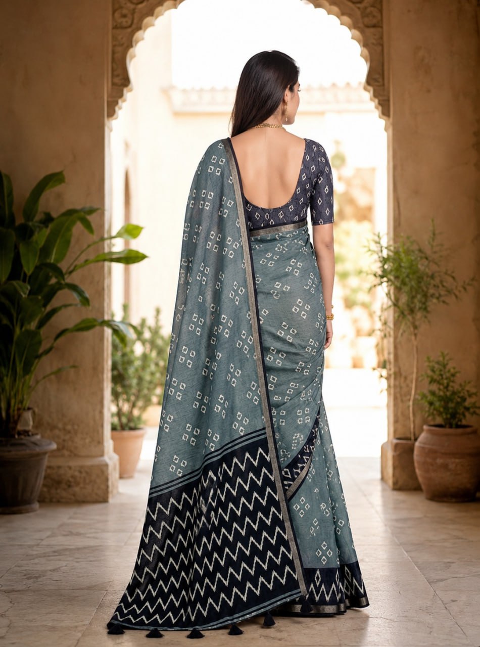 Slate Grey Premium Linen Cotton Saree with Bandhani-Inspired Motifs & Designer Zigzag Border