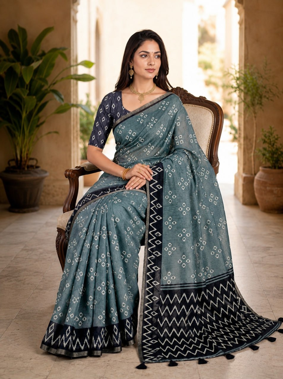 Slate Grey Premium Linen Cotton Saree with Bandhani-Inspired Motifs & Designer Zigzag Border