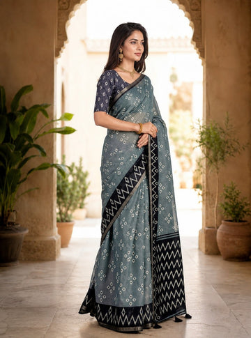 Slate Grey Premium Linen Cotton Saree with Bandhani-Inspired Motifs & Designer Zigzag Border
