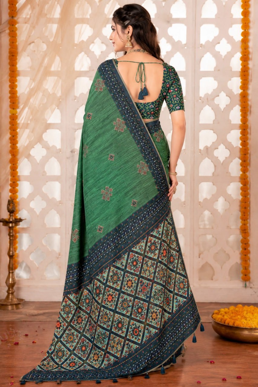Emerald Green Premium Linen Cotton Saree with Ethnic Floral Mosaic Print & Designer Border