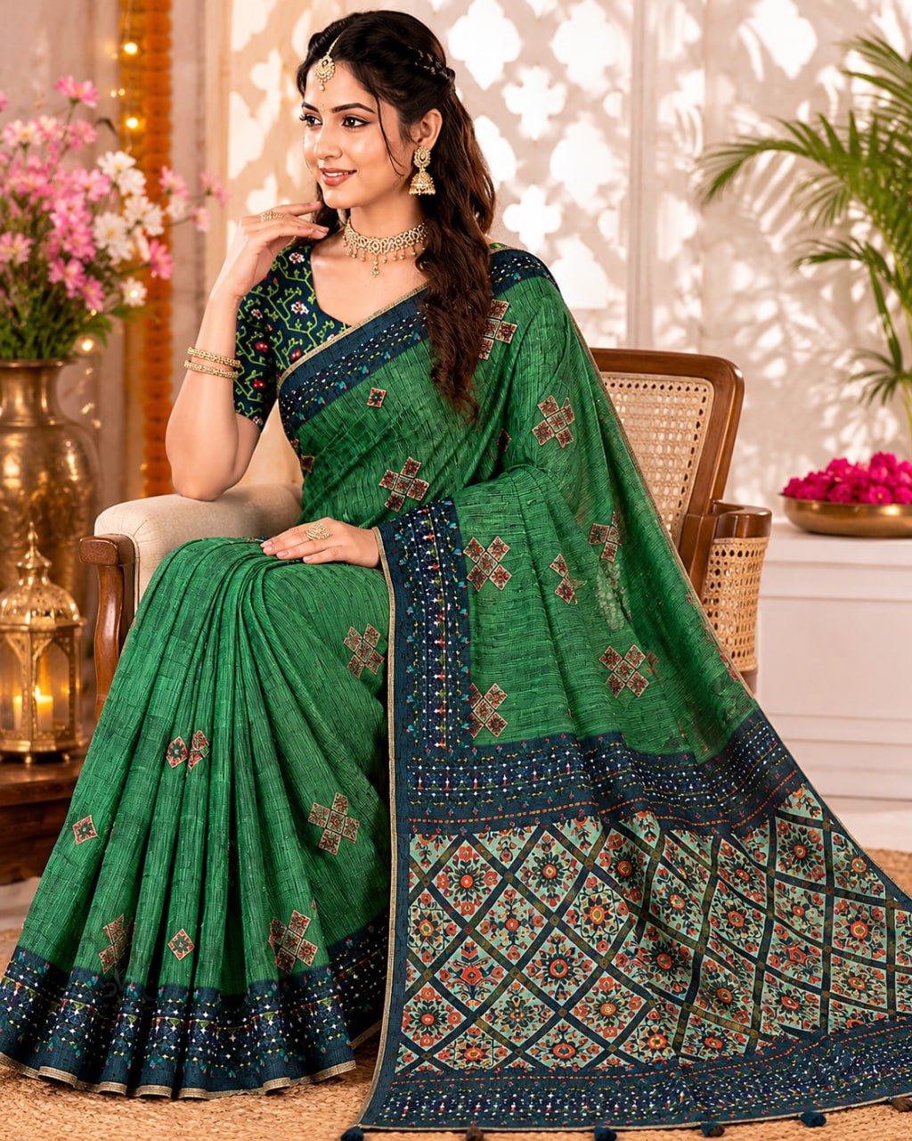 Emerald Green Premium Linen Cotton Saree with Ethnic Floral Mosaic Print & Designer Border