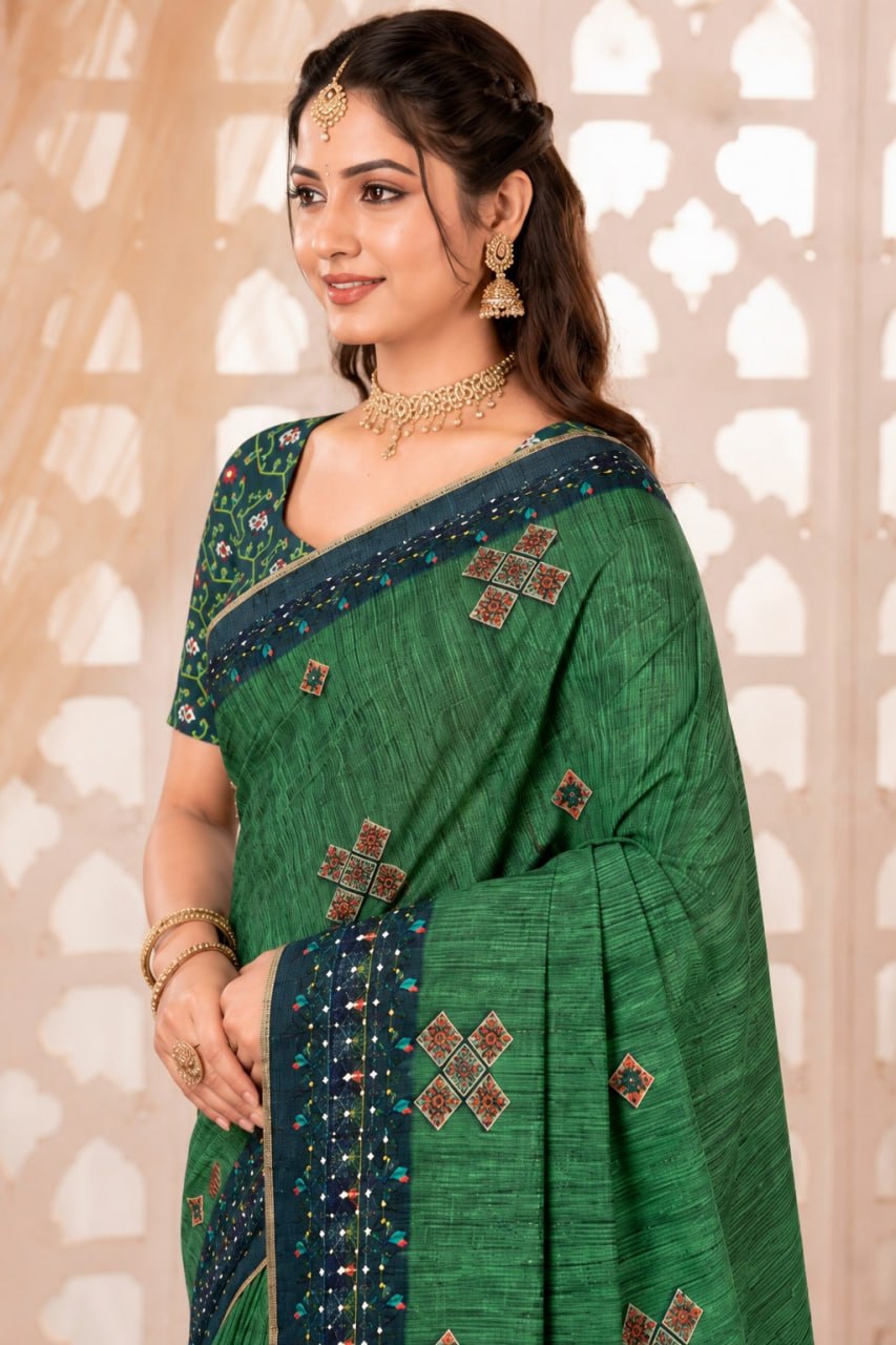 Emerald Green Premium Linen Cotton Saree with Ethnic Floral Mosaic Print & Designer Border