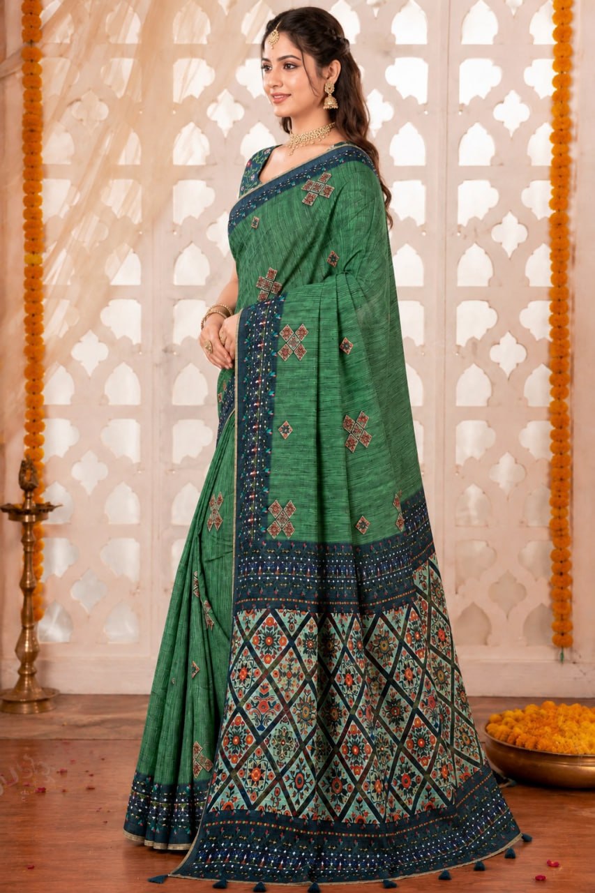 Emerald Green Premium Linen Cotton Saree with Ethnic Floral Mosaic Print & Designer Border
