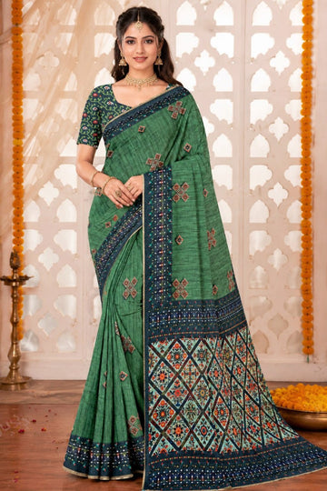 Emerald Green Premium Linen Cotton Saree with Ethnic Floral Mosaic Print & Designer Border