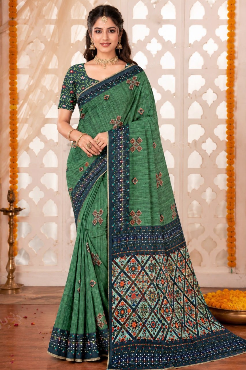 Emerald Green Premium Linen Cotton Saree with Ethnic Floral Mosaic Print & Designer Border