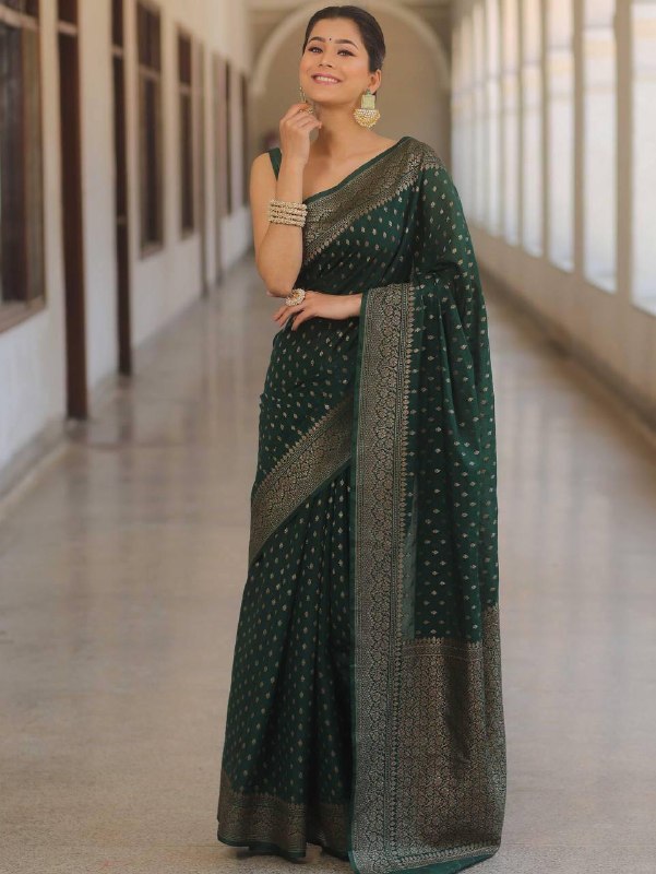 Bottle Green Soft Lichi Silk Saree with Golden Butti Jacquard Work