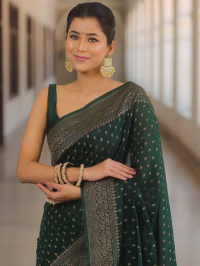 Bottle Green Soft Lichi Silk Saree with Golden Butti Jacquard Work