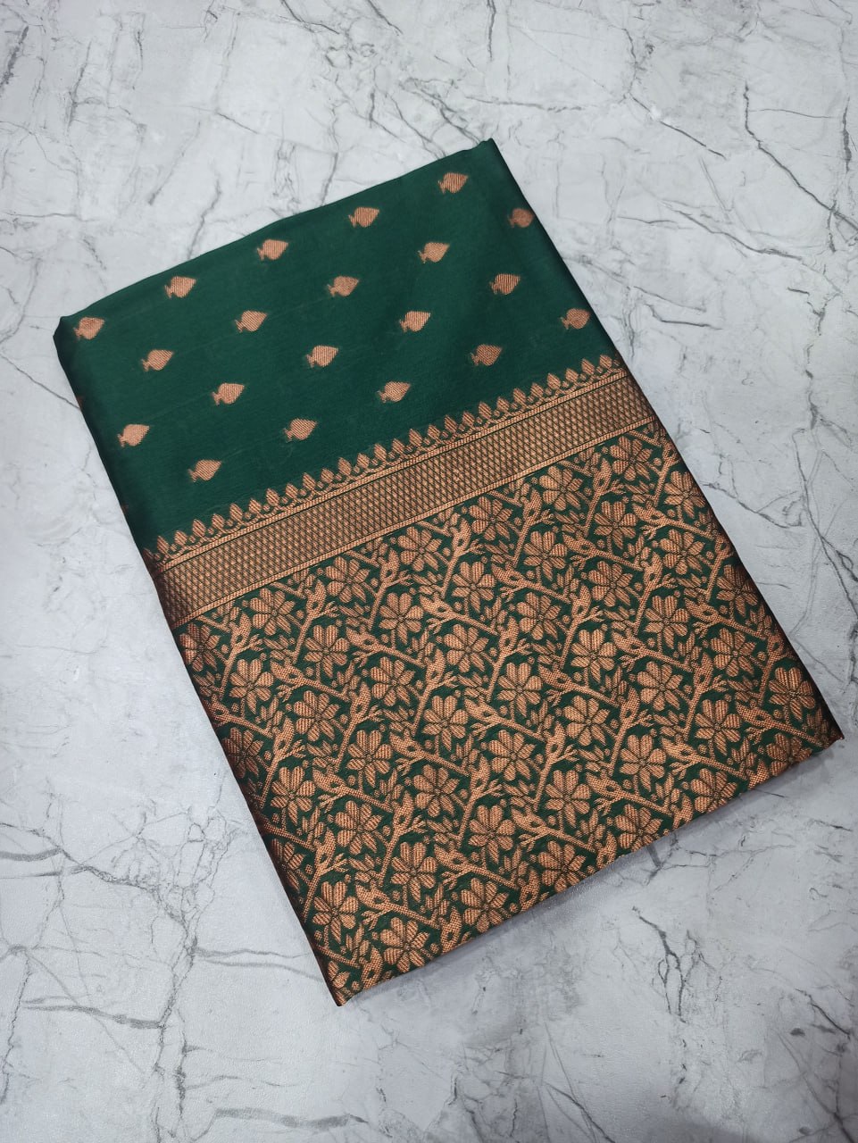 Bottle Green Soft Lichi Silk Saree with Golden Butti Jacquard Work
