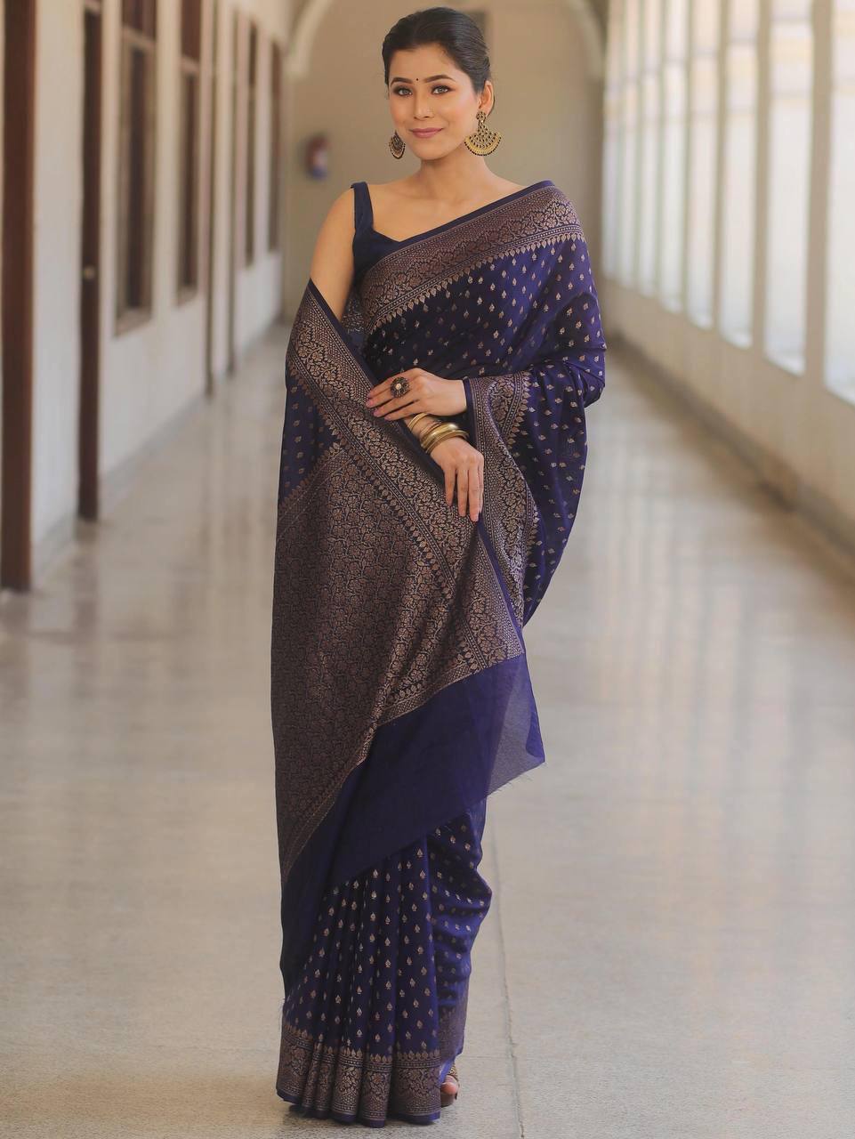 Navy Blue Soft Lichi Silk Saree with Golden Butti Jacquard Work
