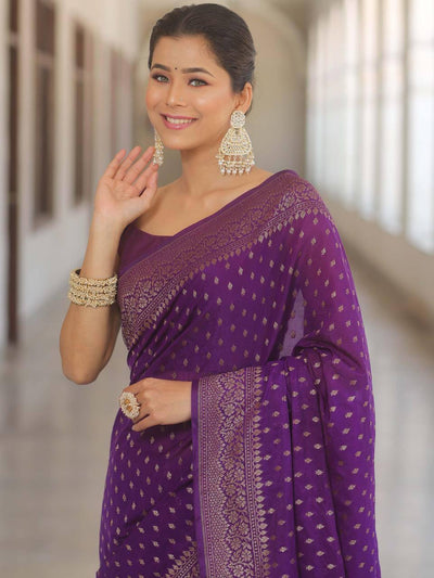 Deep Purple Soft Lichi Silk Saree with Golden Butti Jacquard Work