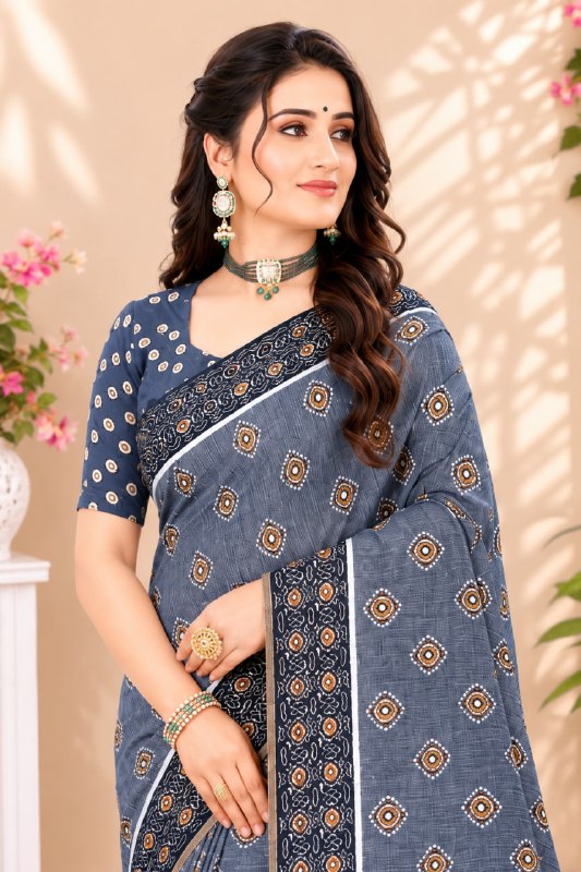 Blue Premium Linen Cotton Saree with Floral Buta Print & Designer Border
