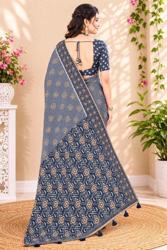 Blue Premium Linen Cotton Saree with Floral Buta Print & Designer Border