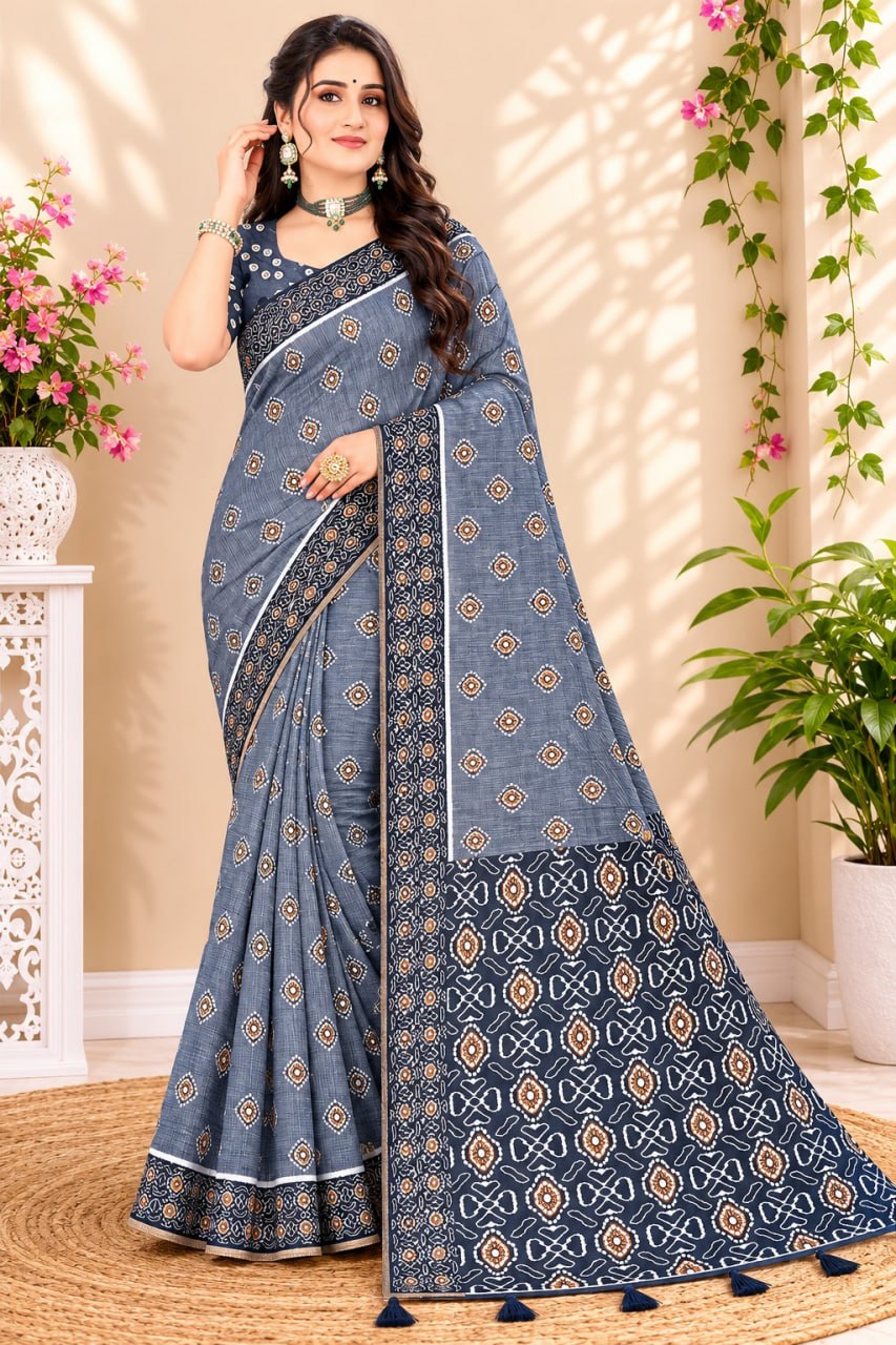 Blue Premium Linen Cotton Saree with Floral Buta Print & Designer Border