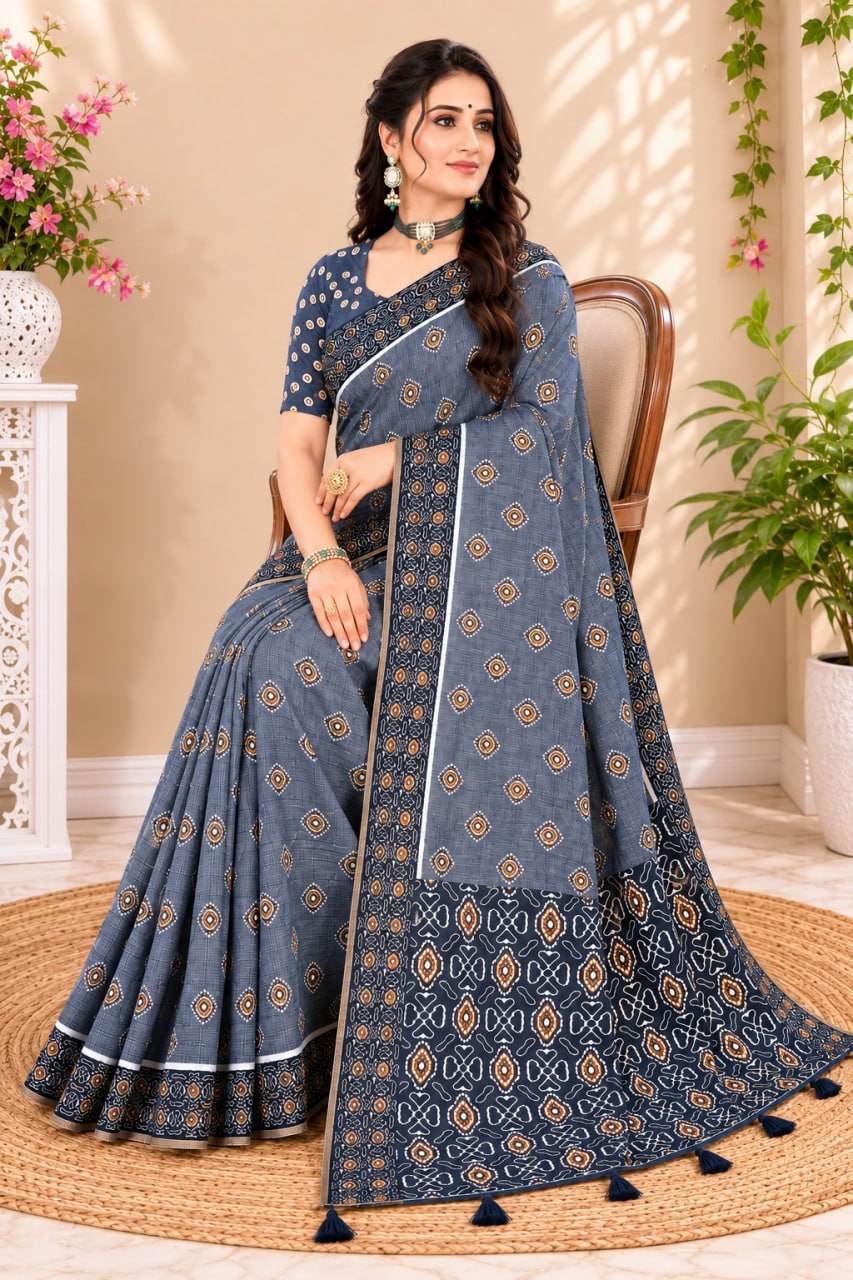 Blue Premium Linen Cotton Saree with Floral Buta Print & Designer Border