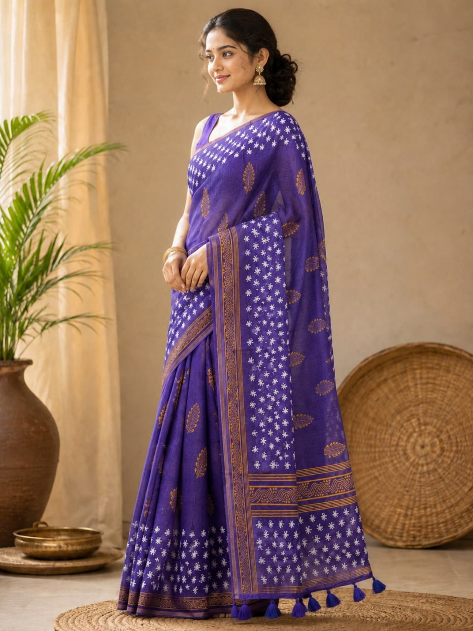 Royal Purple Premium Linen Cotton Saree with Golden Floral Motifs & Designer Border