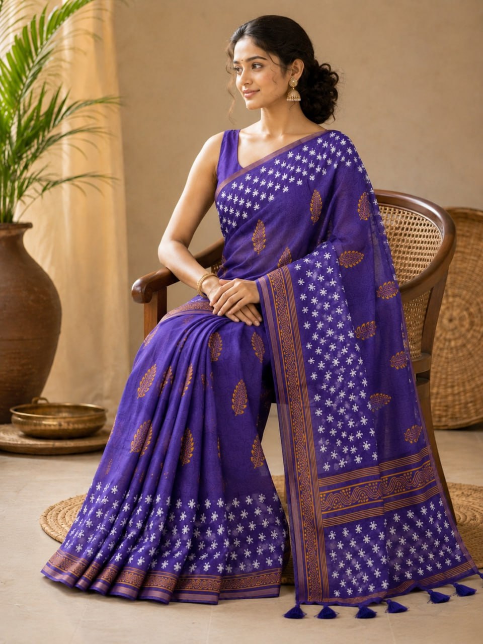 Royal Purple Premium Linen Cotton Saree with Golden Floral Motifs & Designer Border