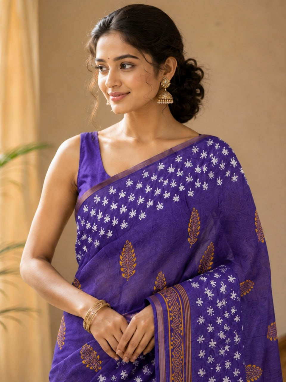 Royal Purple Premium Linen Cotton Saree with Golden Floral Motifs & Designer Border