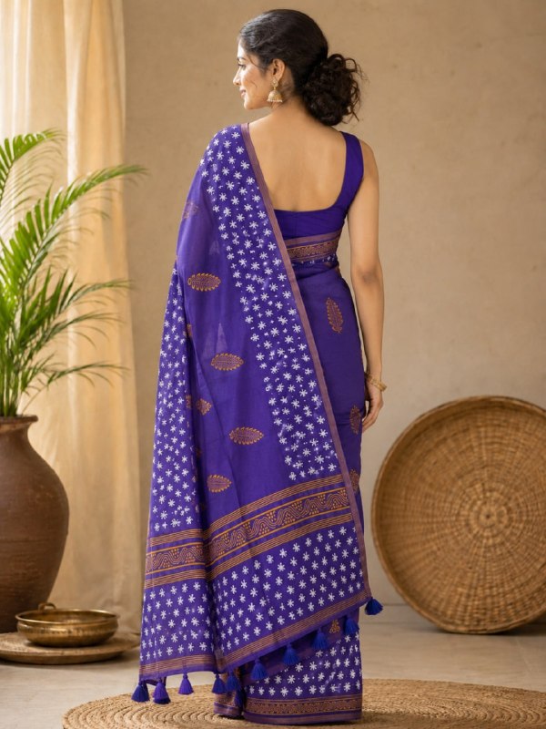 Royal Purple Premium Linen Cotton Saree with Golden Floral Motifs & Designer Border