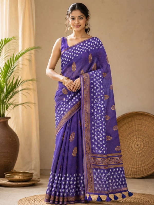 Royal Purple Premium Linen Cotton Saree with Golden Floral Motifs & Designer Border