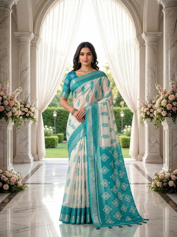 Aqua Blue & Off White Premium Linen Cotton Saree with Ethnic Woven Motifs and Designer Pallu