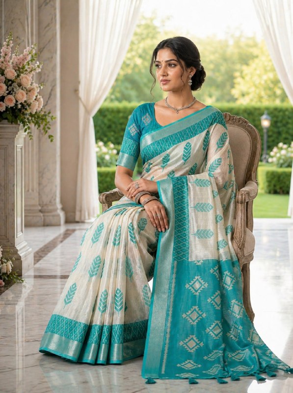 Aqua Blue & Off White Premium Linen Cotton Saree with Ethnic Woven Motifs and Designer Pallu