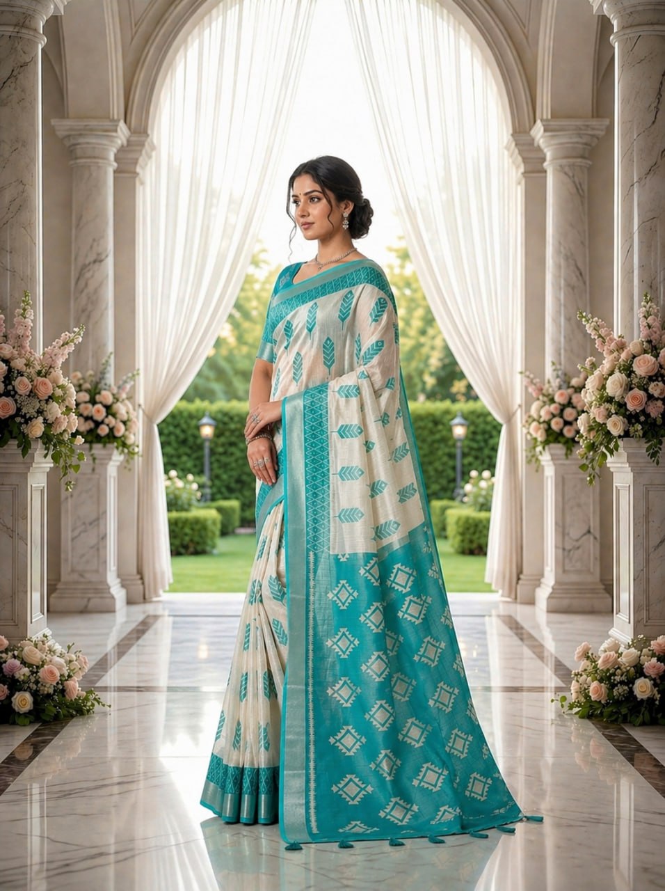 Aqua Blue & Off White Premium Linen Cotton Saree with Ethnic Woven Motifs and Designer Pallu
