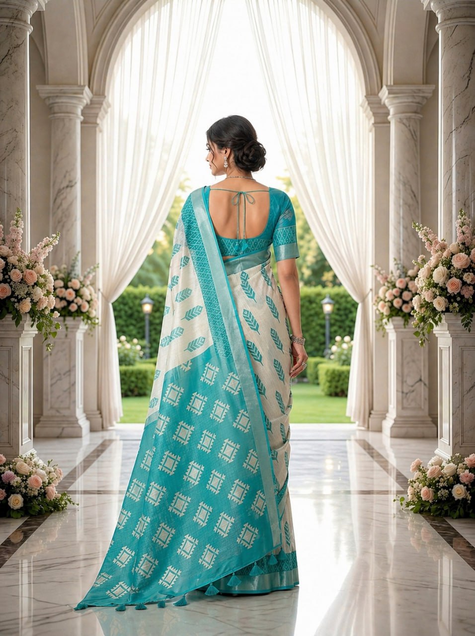 Aqua Blue & Off White Premium Linen Cotton Saree with Ethnic Woven Motifs and Designer Pallu