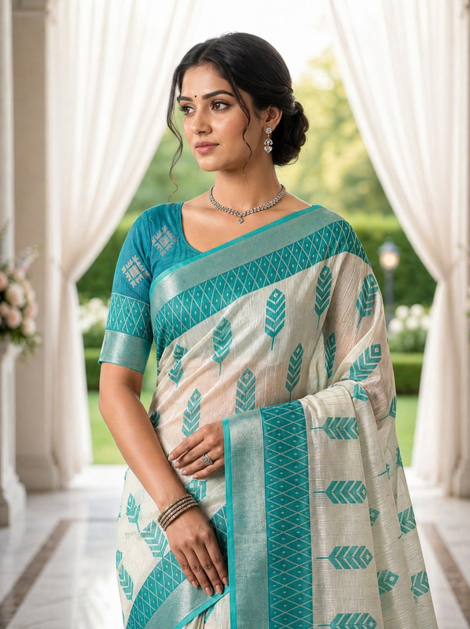 Aqua Blue & Off White Premium Linen Cotton Saree with Ethnic Woven Motifs and Designer Pallu