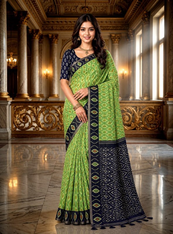 Lime Green Premium Linen Cotton Saree with Navy Blue Ikat Woven Border & Designer Pallu