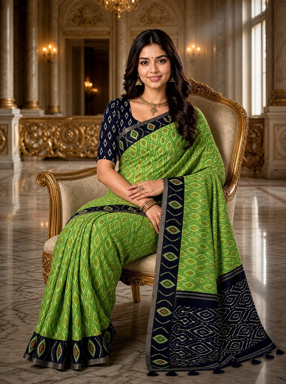 Lime Green Premium Linen Cotton Saree with Navy Blue Ikat Woven Border & Designer Pallu