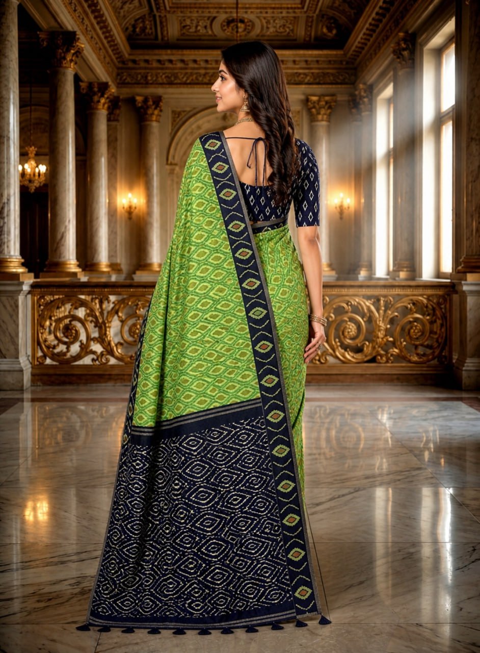 Lime Green Premium Linen Cotton Saree with Navy Blue Ikat Woven Border & Designer Pallu