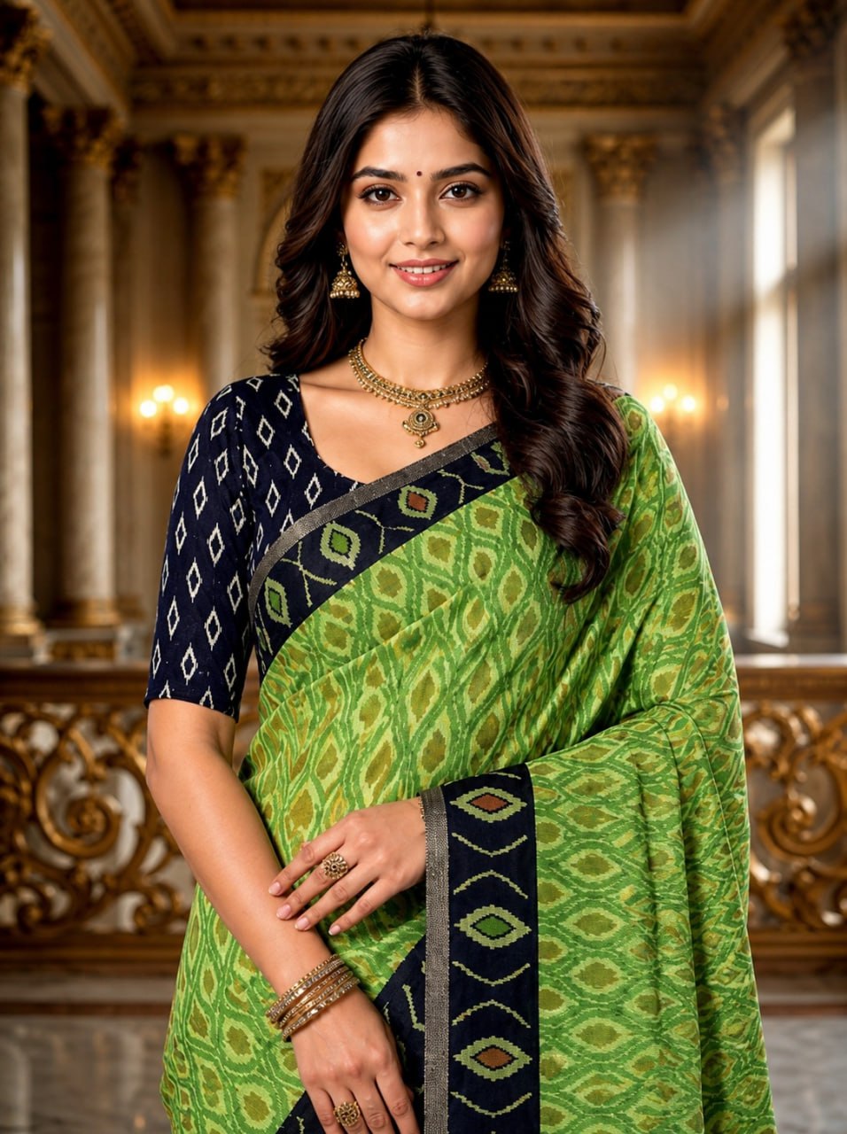 Lime Green Premium Linen Cotton Saree with Navy Blue Ikat Woven Border & Designer Pallu