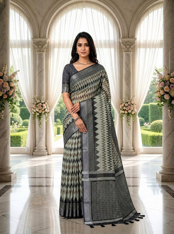 Grey & Black Premium Linen Cotton Saree with Contemporary Geometric Woven Design