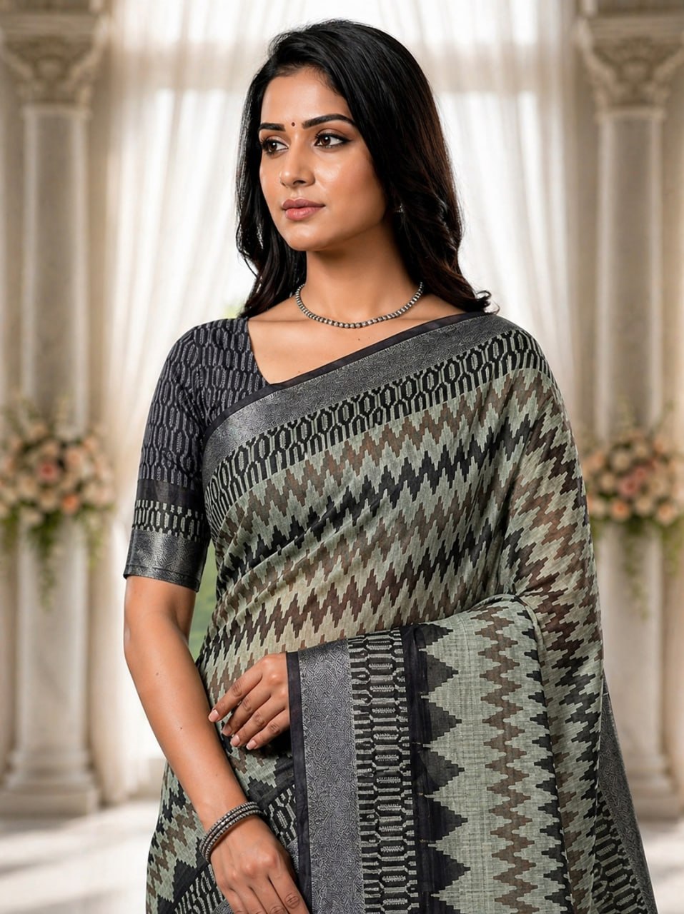 Grey & Black Premium Linen Cotton Saree with Contemporary Geometric Woven Design