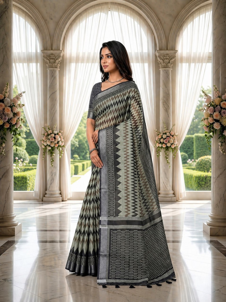 Grey & Black Premium Linen Cotton Saree with Contemporary Geometric Woven Design