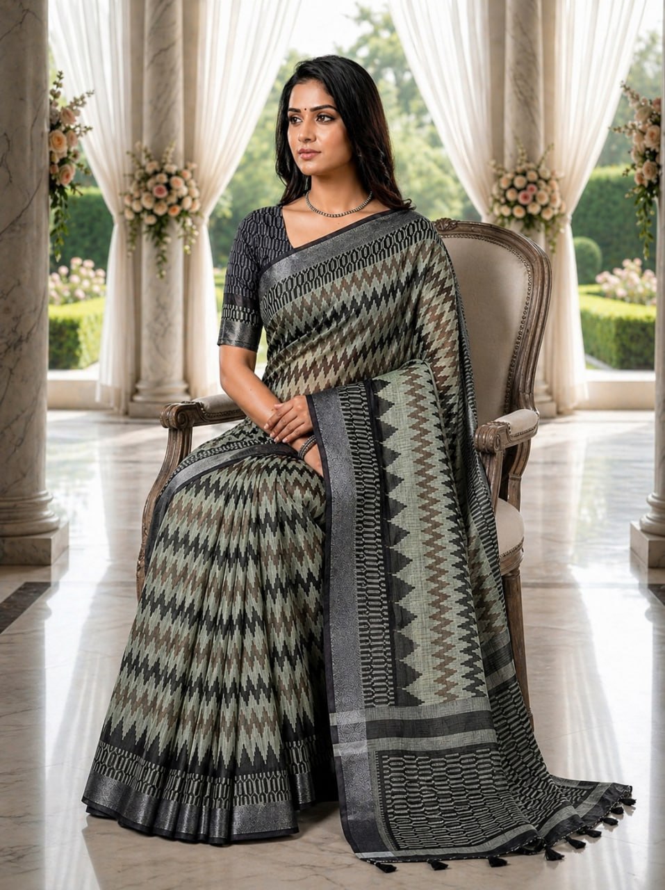 Grey & Black Premium Linen Cotton Saree with Contemporary Geometric Woven Design