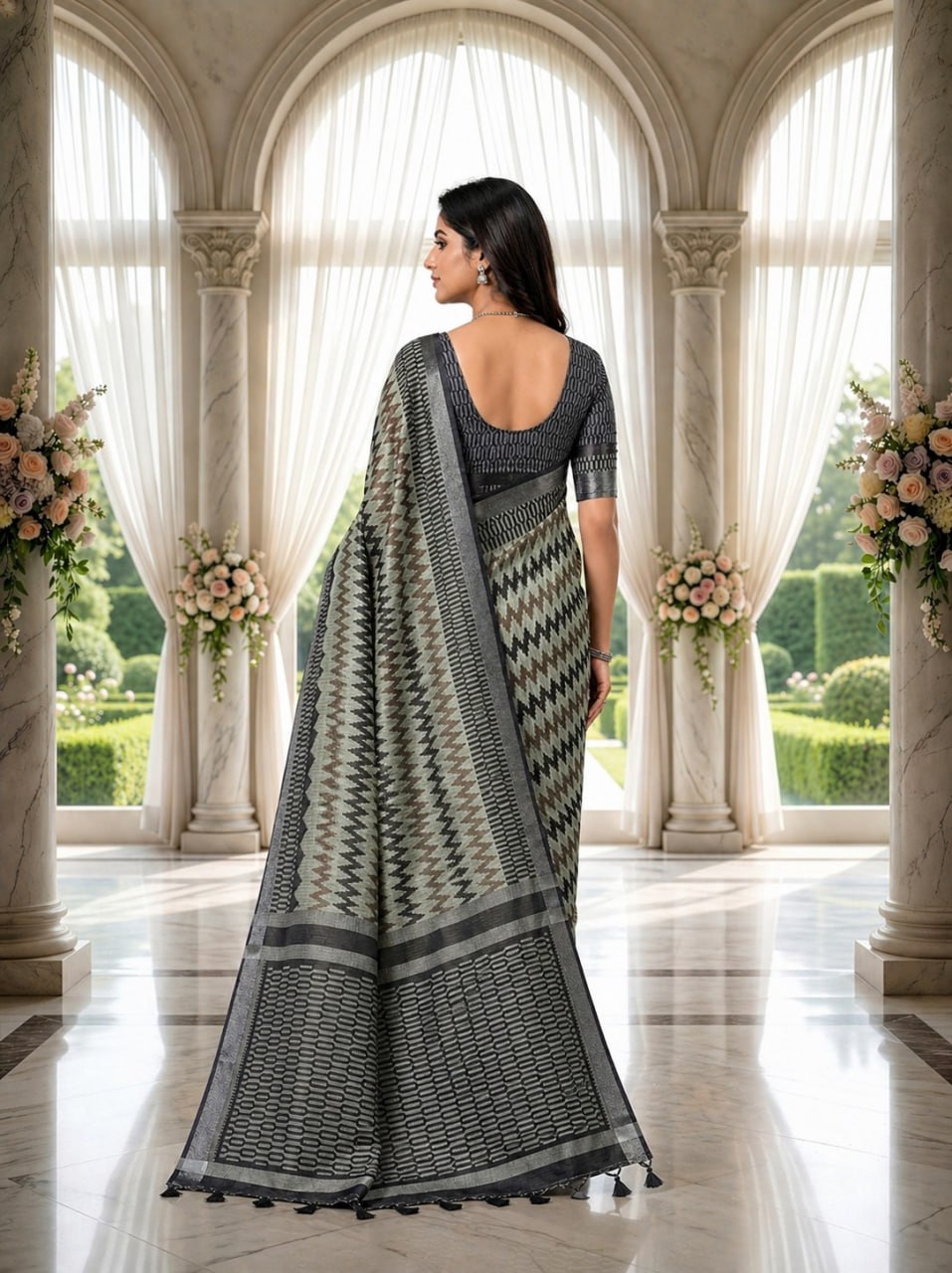 Grey & Black Premium Linen Cotton Saree with Contemporary Geometric Woven Design
