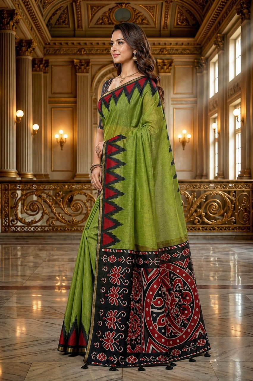 Olive Green Cotton Blend Saree with Tribal Ikat Border & Designer Printed Pallu
