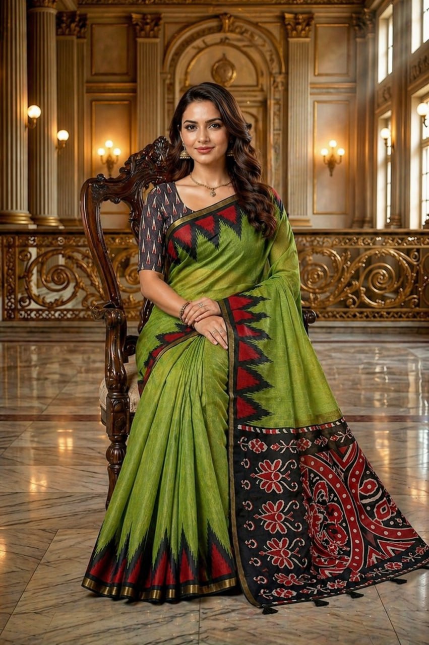 Olive Green Cotton Blend Saree with Tribal Ikat Border & Designer Printed Pallu