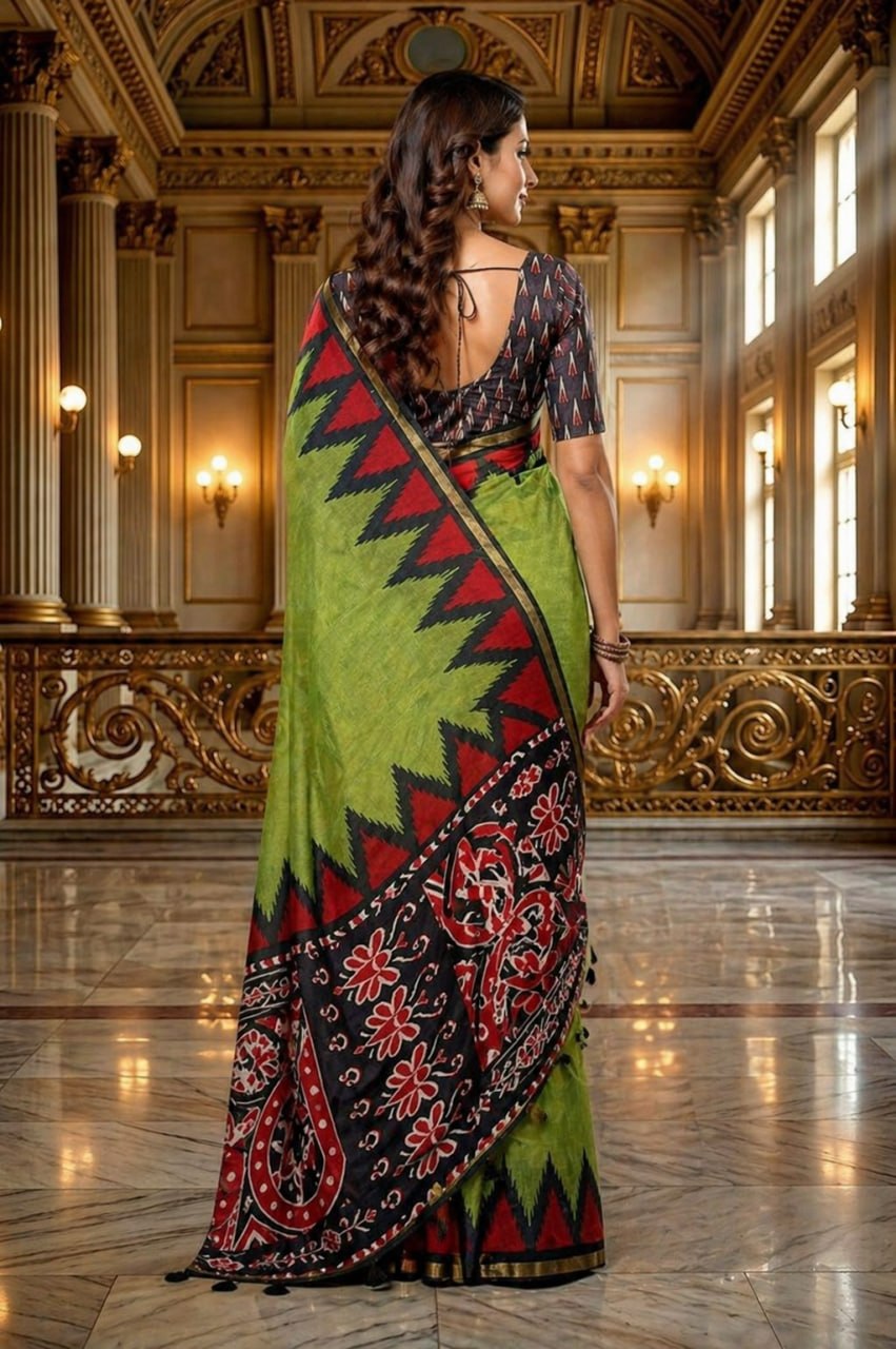 Olive Green Cotton Blend Saree with Tribal Ikat Border & Designer Printed Pallu