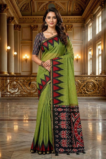 Olive Green Cotton Blend Saree with Tribal Ikat Border & Designer Printed Pallu