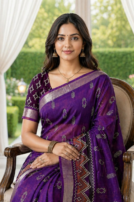 Royal Purple Woven Cotton Blend Saree with Ethnic Geometric Border & Tassel Pallu