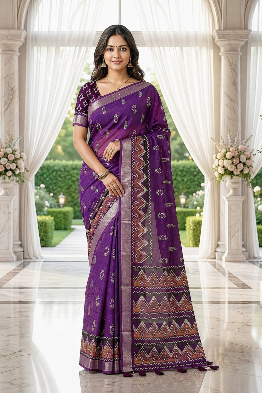 Royal Purple Woven Cotton Blend Saree with Ethnic Geometric Border & Tassel Pallu