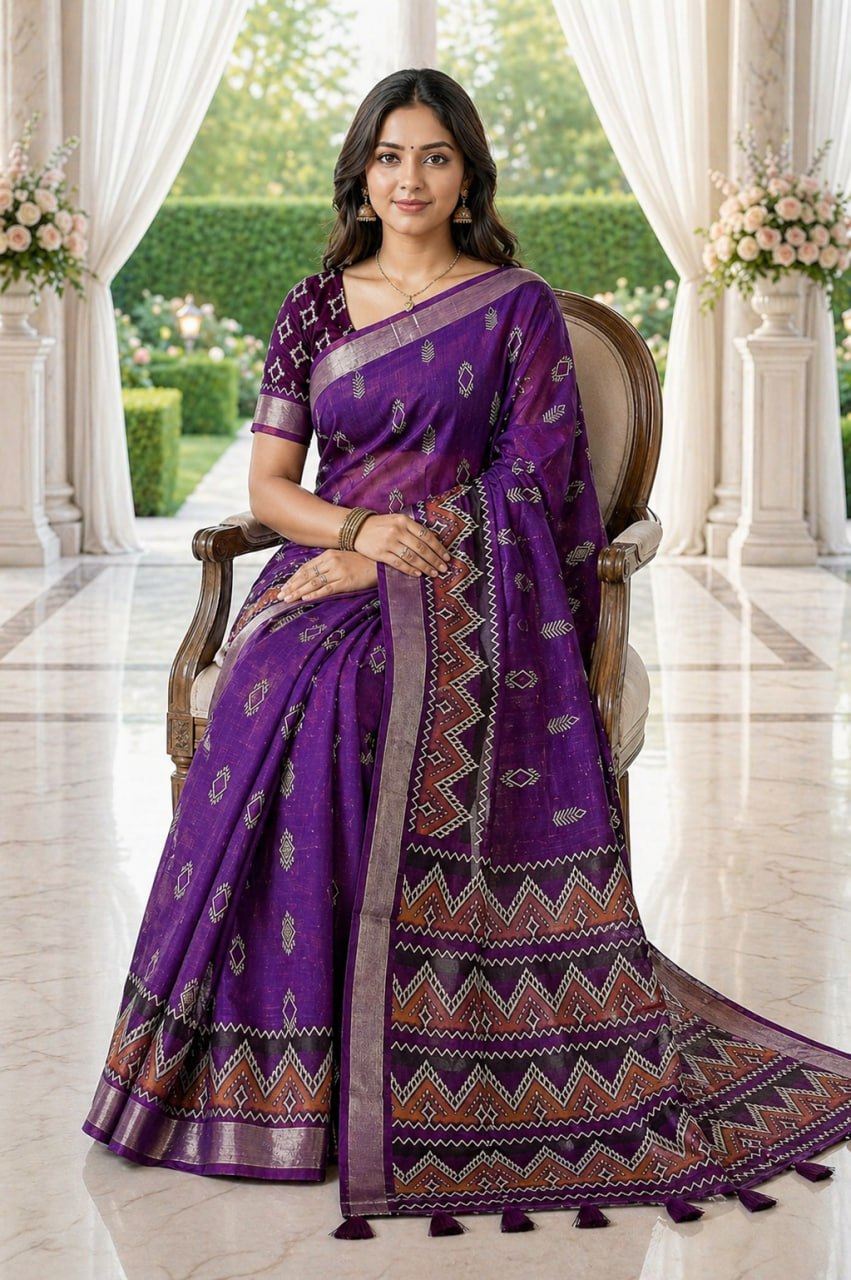 Royal Purple Woven Cotton Blend Saree with Ethnic Geometric Border & Tassel Pallu