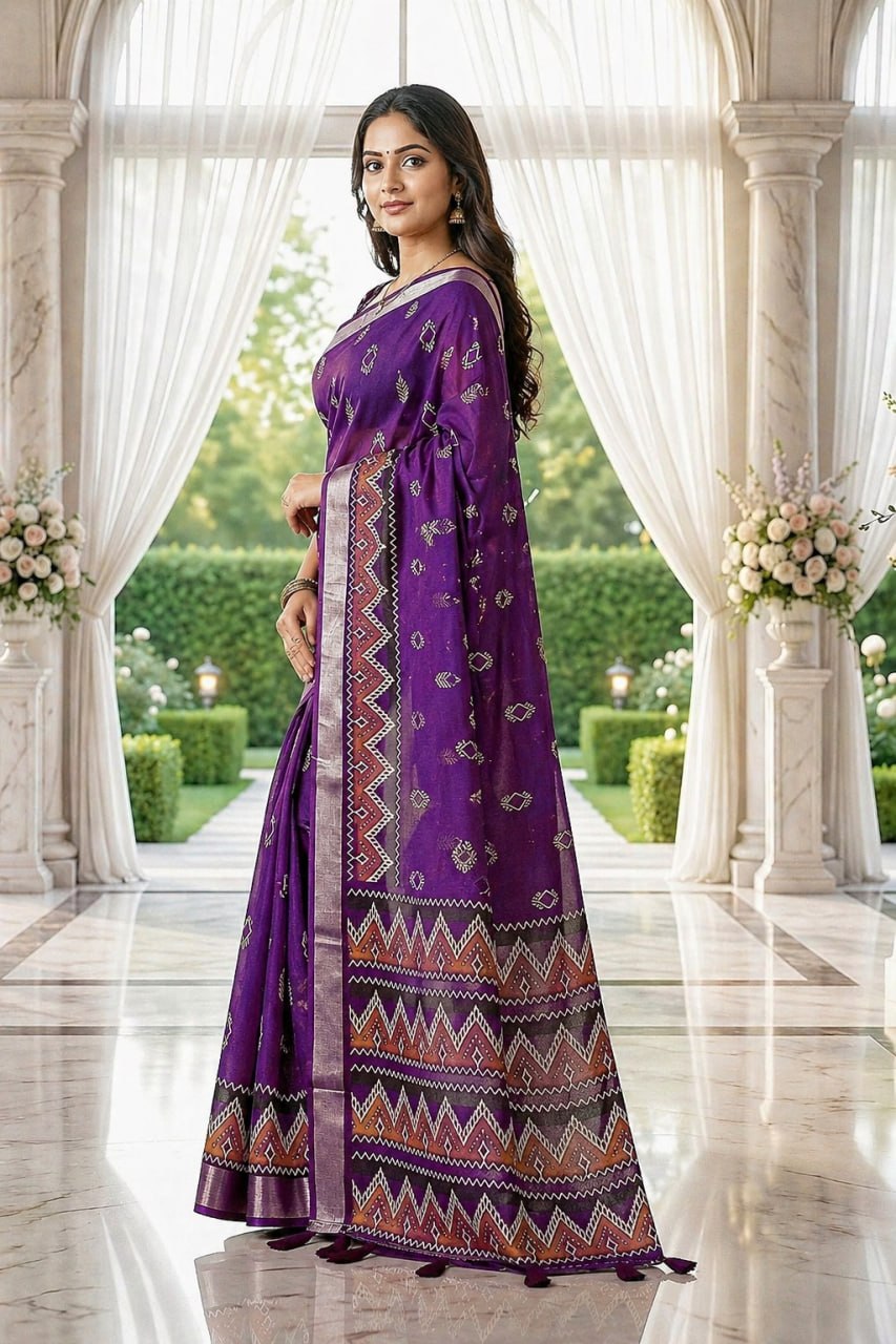 Royal Purple Woven Cotton Blend Saree with Ethnic Geometric Border & Tassel Pallu