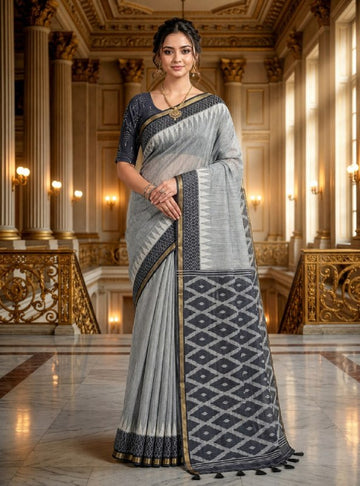 Grey Woven Cotton Blend Saree with Designer Border & Tassels