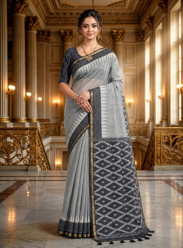Grey Woven Cotton Blend Saree with Designer Border & Tassels