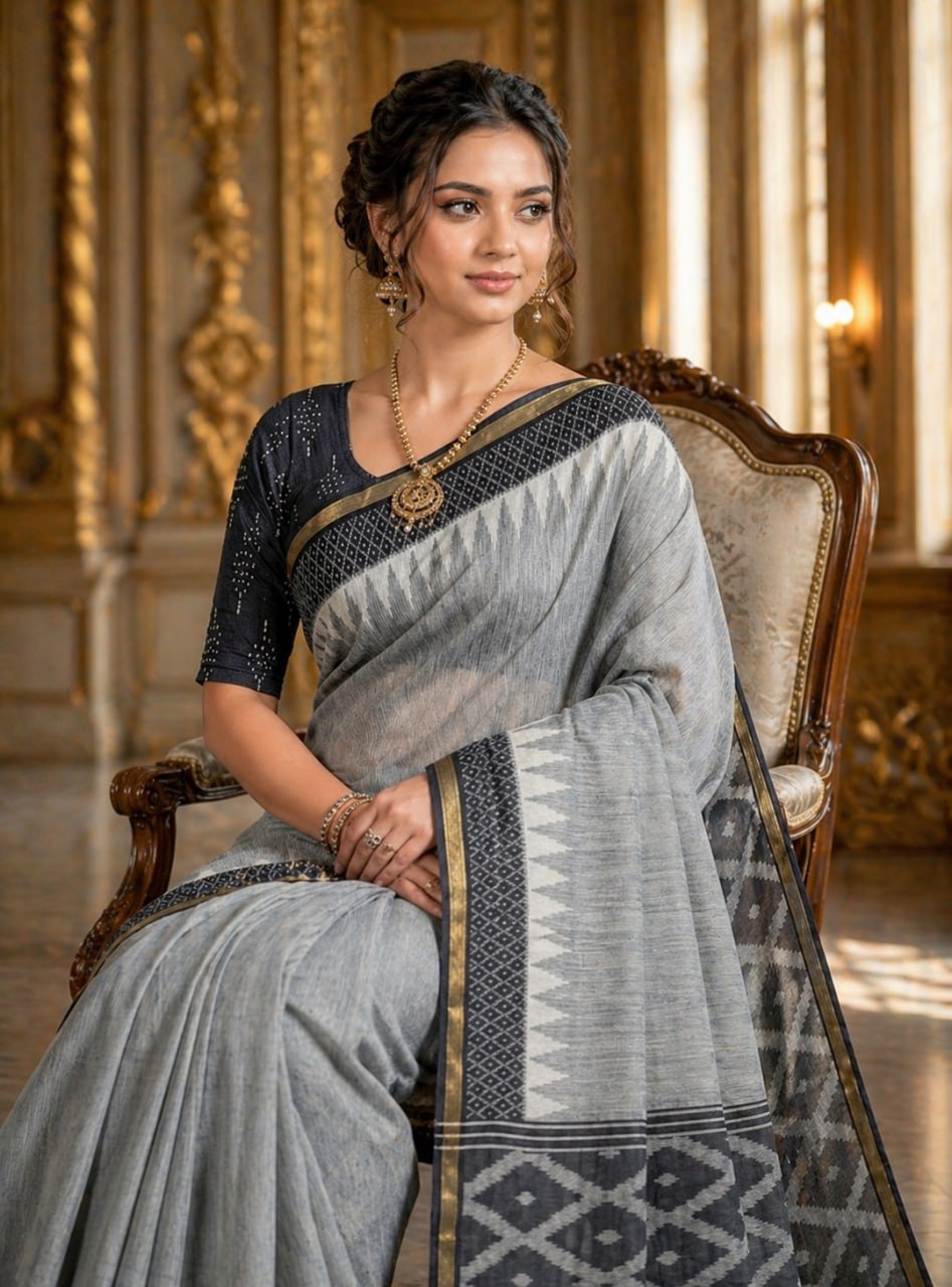 Grey Woven Cotton Blend Saree with Designer Border & Tassels