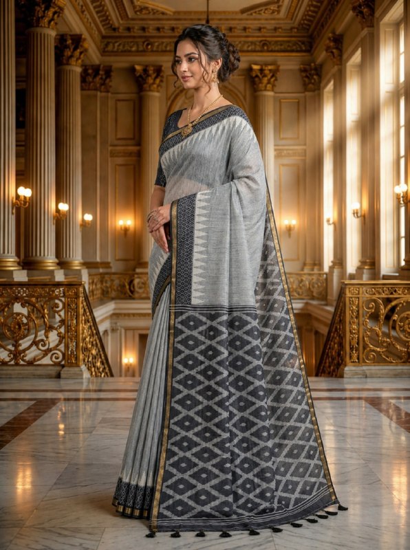 Grey Woven Cotton Blend Saree with Designer Border & Tassels